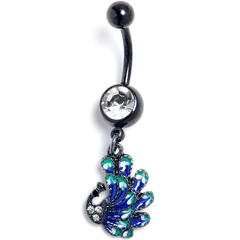 Beautiful Belly Rings for Fashion-Forward Women -Clear Gem Black Peacock Green Dangle Belly Ring Beautiful Belly Rings for Fashion-Forward Women -Clear Gem Black Peacock Green Dangle Belly Ring