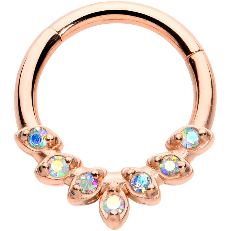 Women's Earrings – Elegant Designs for Every Personality--16 Gauge 5/16 Aurora CZ Gem Rosy Tone Seven Leaf Hinged Segment Ring