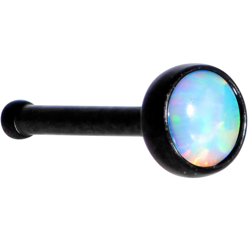 Nose Rings with Charms -White 3mm Synthetic Opal Inlay Black Anodized Nose Bone