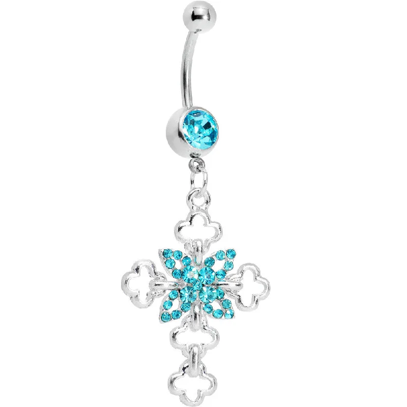 Unique Belly Rings with Personalized Touch -Embellished Blue Gem Cross Belly Ring