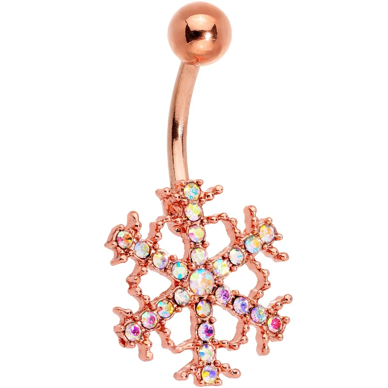 Comfortable Belly Rings with Chic Design -Aurora Gem Rose Gold Tone Splashy Snowflake Belly Ring Comfortable Belly Rings with Chic Design -Aurora Gem Rose Gold Tone Splashy Snowflake Belly Ring