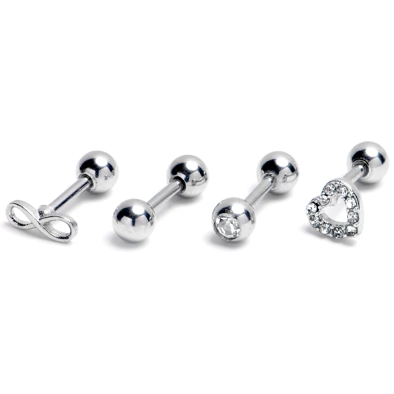 Women's Earrings – Elegant Designs for Every Personality--16 Gauge 1/4 Clear Gem Heart Infinity Sign Cartilage Earring Curation Set of 4 Women's Earrings – Elegant Designs for Every Personality--16 Gauge 1/4 Clear Gem Heart Infinity Sign Cartilage Earring Curation Set of 4