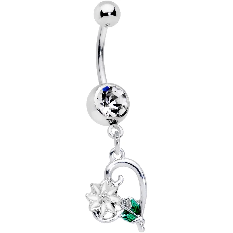 Trendy Belly Rings with Bold Statements -Clear Gem Sweet Flower Heart Dangle Belly Ring Trendy Belly Rings with Bold Statements -Clear Gem Sweet Flower Heart Dangle Belly Ring