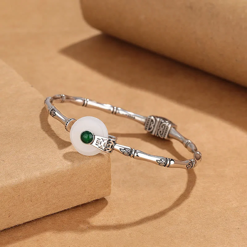 Women's Bangles with Silver and Gemstone Inlays-Buddha Stones White Jade Peace Buckle Bamboo Design Luck Copper Cuff Bracelet Bangle Women's Bangles with Silver and Gemstone Inlays-Buddha Stones White Jade Peace Buckle Bamboo Design Luck Copper Cuff Bracelet Bangle