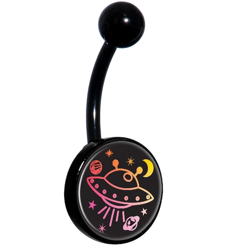 Comfortable Belly Rings for Everyday Style -Pretty Pink UFO in Space Black Belly Ring Comfortable Belly Rings for Everyday Style -Pretty Pink UFO in Space Black Belly Ring
