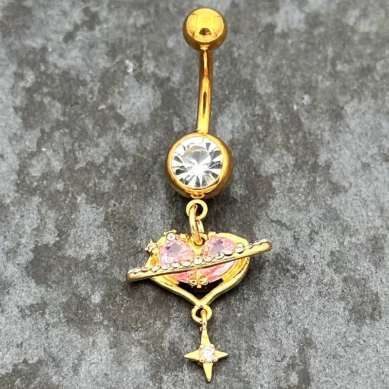Trendy Belly Rings with Stylish Accents -Clear Pink CZ Gem Gold Tone Starry Heart Dangle Belly Ring Trendy Belly Rings with Stylish Accents -Clear Pink CZ Gem Gold Tone Starry Heart Dangle Belly Ring