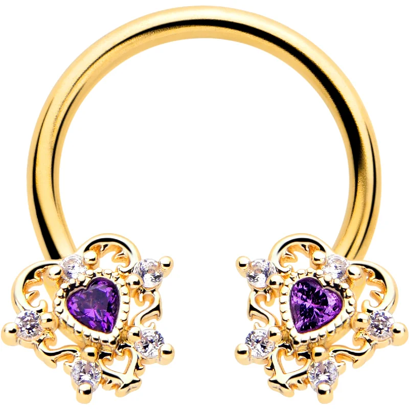Women's Earrings – Elegant Designs for Every Personality--16 Gauge 3/8 Purple CZ Gem Gold Tone Heart of Love Horseshoe