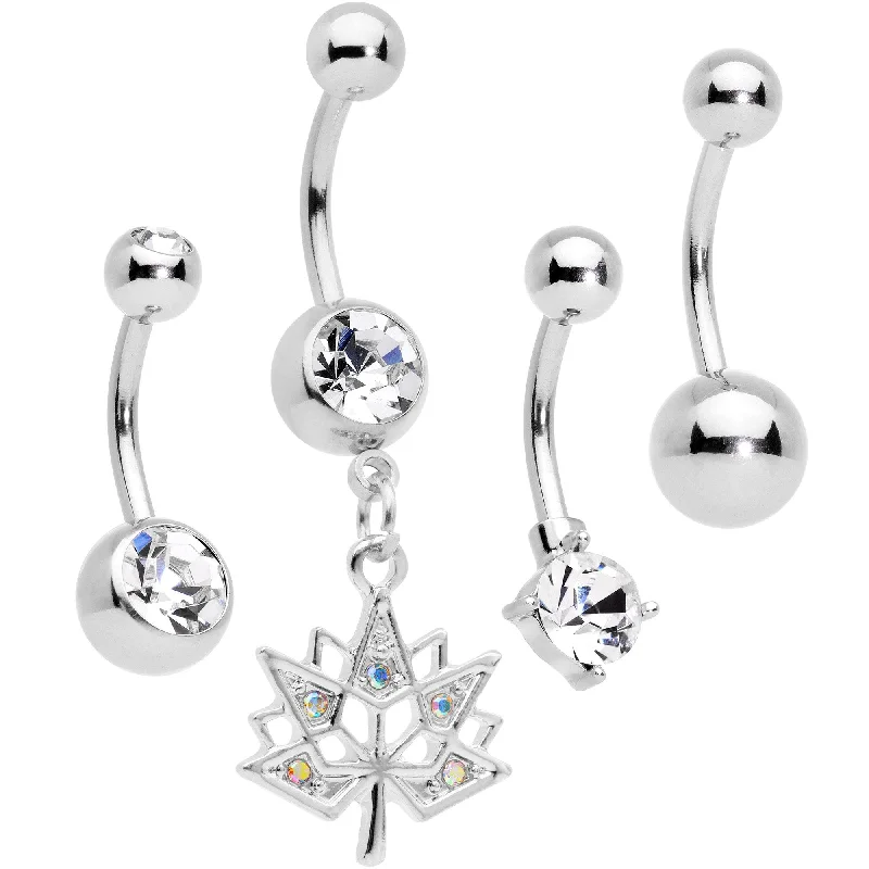 Comfortable Belly Rings for Sensitive Skin -Clear Aurora Gem Maple Leaf Dangle Belly Ring Set of 4 Comfortable Belly Rings for Sensitive Skin -Clear Aurora Gem Maple Leaf Dangle Belly Ring Set of 4