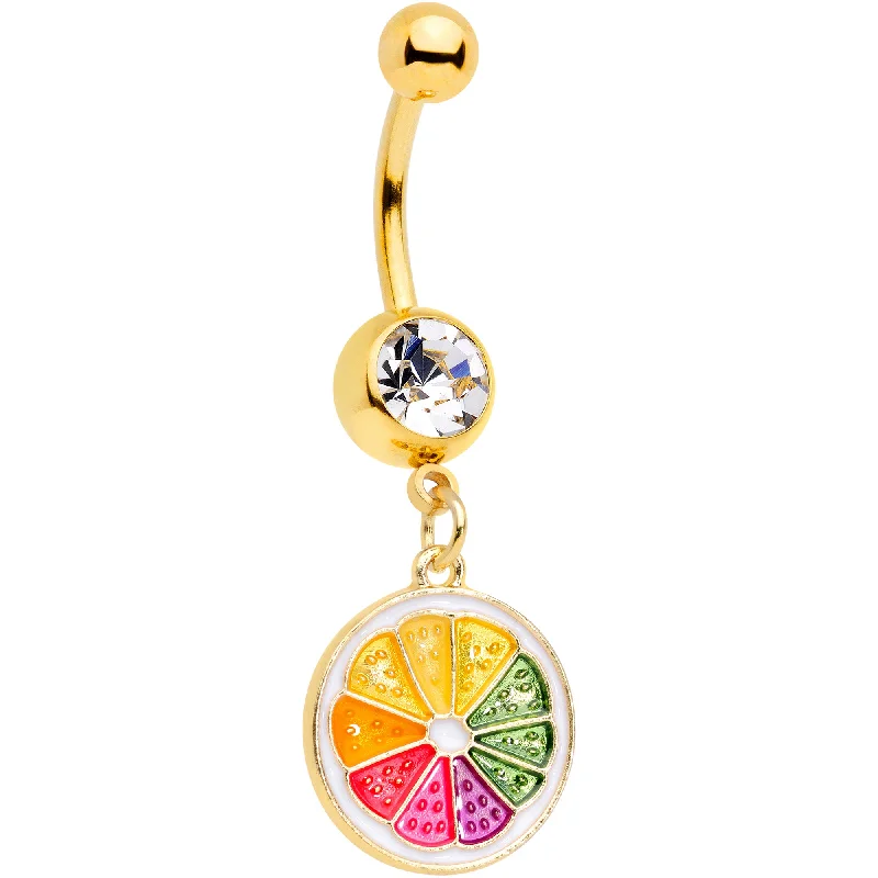 Trendy Belly Rings for Bold Fashion Statements -Clear Gem Gold Tone Rainbow Grapefruit Dangle Belly Ring Trendy Belly Rings for Bold Fashion Statements -Clear Gem Gold Tone Rainbow Grapefruit Dangle Belly Ring