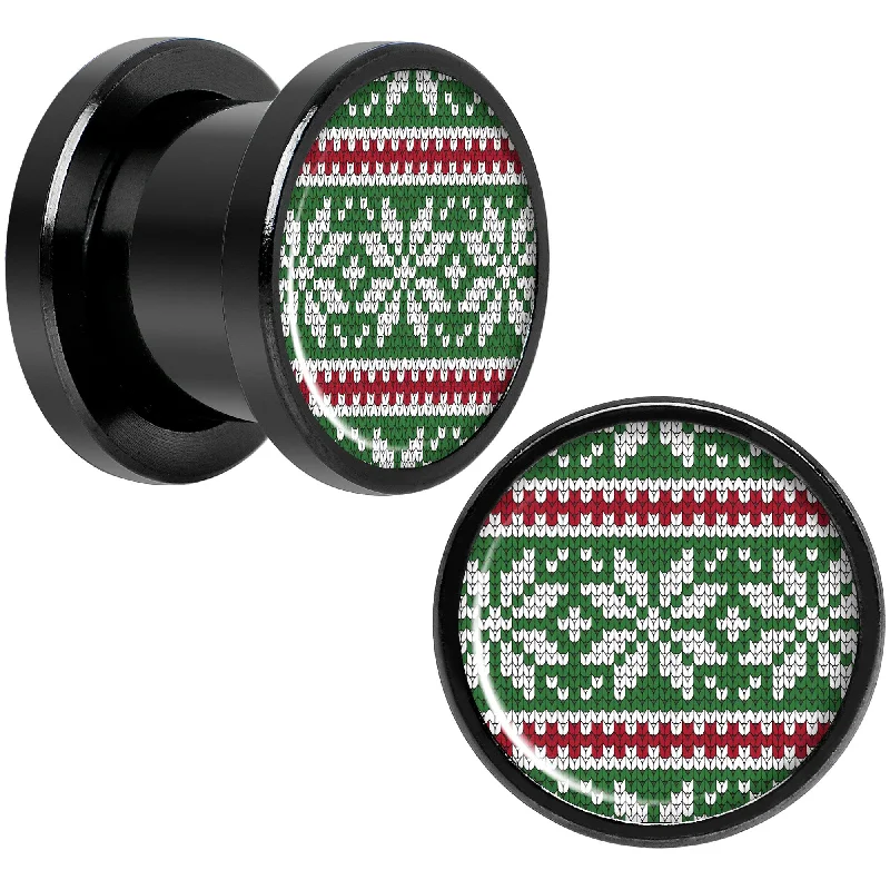 Women's Earrings – Elegant Designs for Every Personality--Green Red Christmas Sweater Black Screw Fit Plug Set Sizes 5mm to 20mm