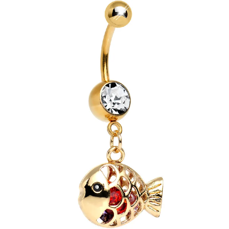 Designer Belly Rings for Glamorous Look -Multi Cubic Zirconia Gold Plated Glamorous Goldfish Dangle Belly Ring Designer Belly Rings for Glamorous Look -Multi Cubic Zirconia Gold Plated Glamorous Goldfish Dangle Belly Ring
