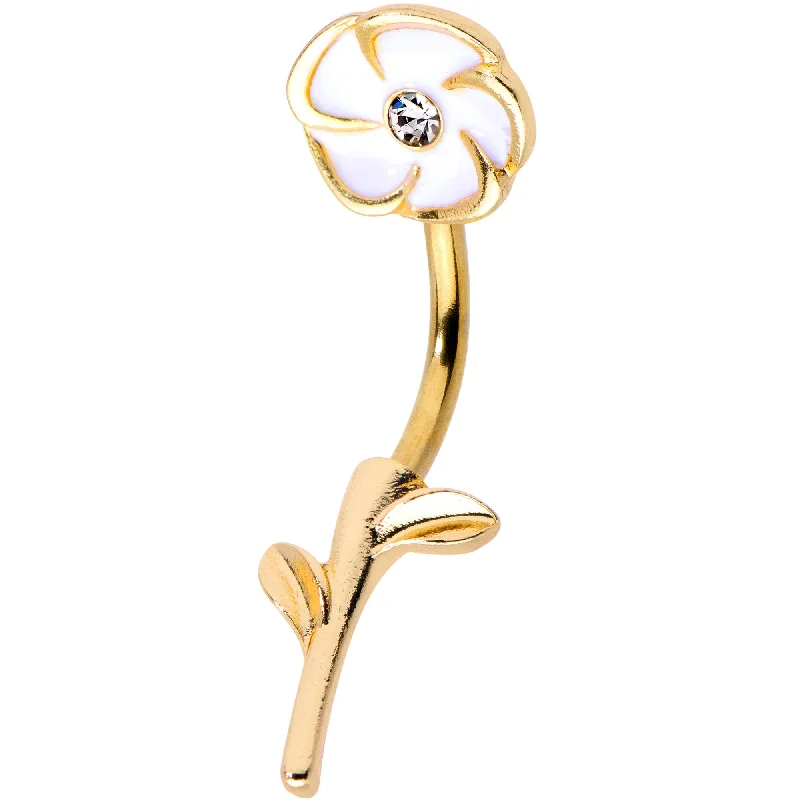 Comfortable Belly Rings for Fashion Forward -Clear Gem Gold PVD White Buttercup Flower Double Mount Belly Ring Comfortable Belly Rings for Fashion Forward -Clear Gem Gold PVD White Buttercup Flower Double Mount Belly Ring