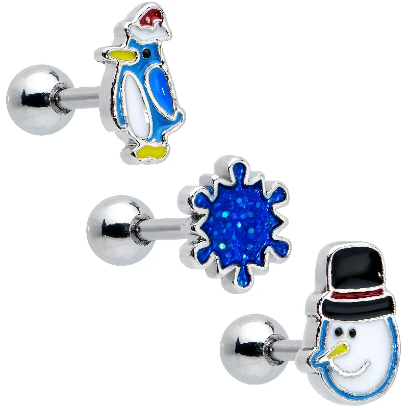 Women's Earrings – Elegant Designs for Every Personality--16 Gauge 1/4 Penguin Snowman Holiday Blue Cartilage Earring Set of 3 Women's Earrings – Elegant Designs for Every Personality--16 Gauge 1/4 Penguin Snowman Holiday Blue Cartilage Earring Set of 3