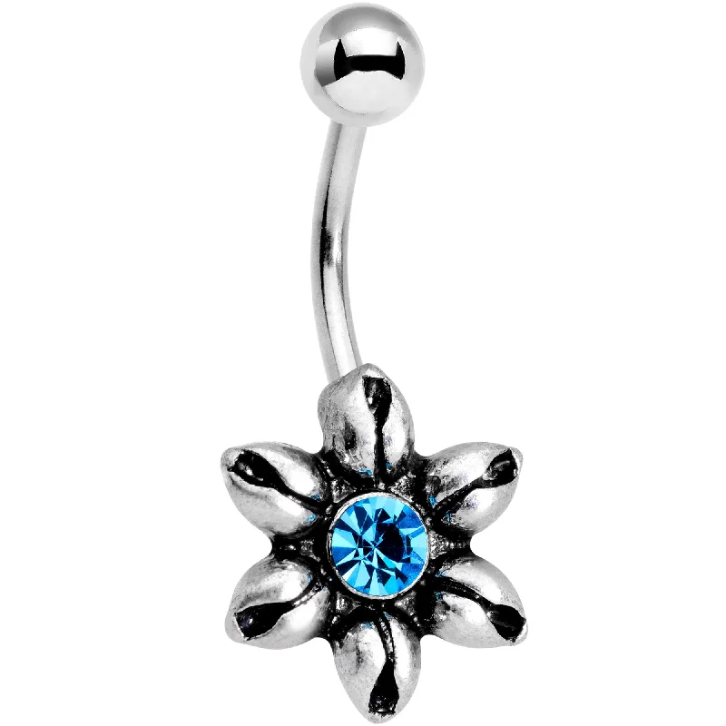 Unique Belly Rings for Bold Fashion Statements -Aqua Gem Blooming Flower Belly Ring