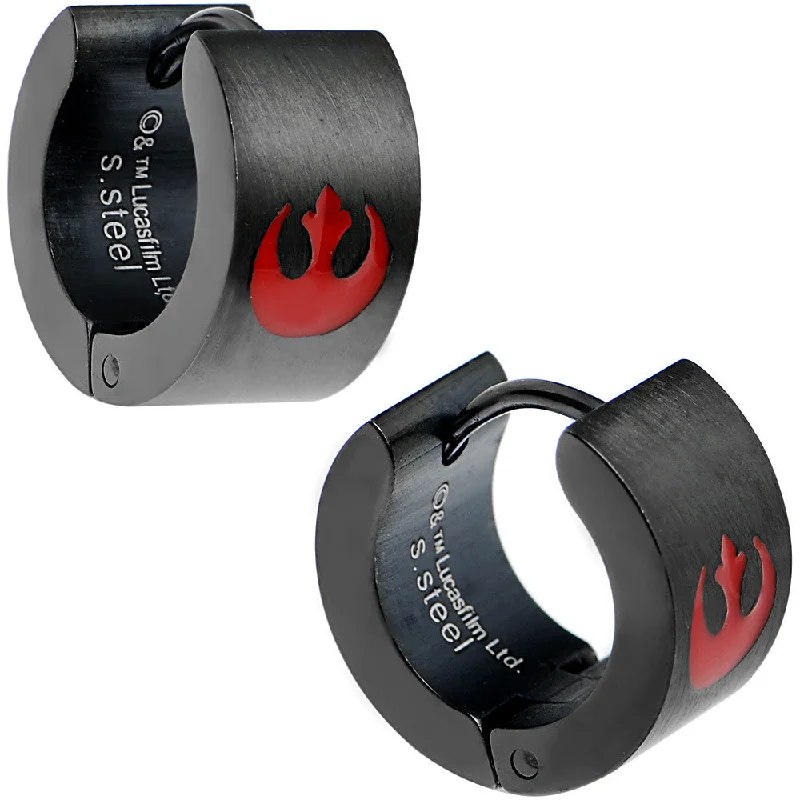 Women's Earrings – Elegant Designs for Every Personality--Licensed Star Wars Red Rebel Logo Black PVD Hoop Huggy Earrings