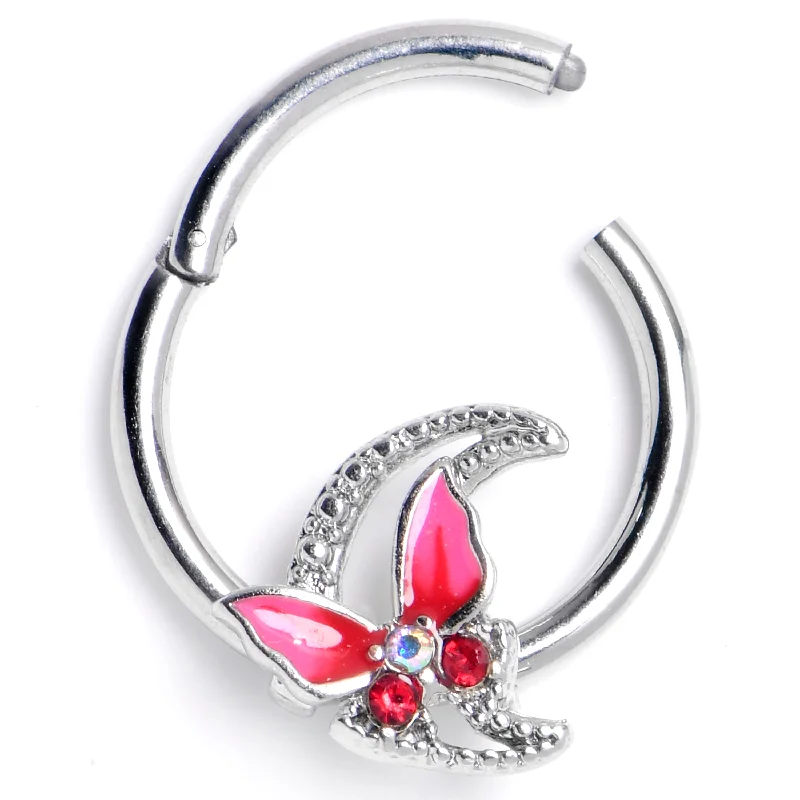 Nose Rings for Sensitive Piercings -16 Gauge 3/8 Pink Gem Butterfly Pink Beauty Hinged Segment Ring Nose Rings for Sensitive Piercings -16 Gauge 3/8 Pink Gem Butterfly Pink Beauty Hinged Segment Ring