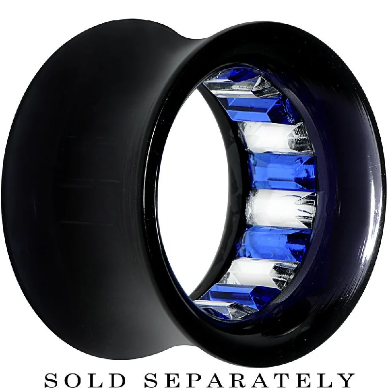 Women's Earrings – Elegant Designs for Every Personality--Black Acrylic Blue and Clear Gem Inlay Saddle Tunnel Plug 0 Gauge to 1 Inch