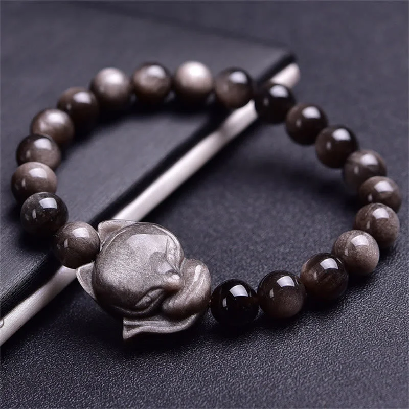 Large Stone Bangles for Women-Buddha Stones Natural Silver Sheen Obsidian Fox Protection Bracelet Large Stone Bangles for Women-Buddha Stones Natural Silver Sheen Obsidian Fox Protection Bracelet