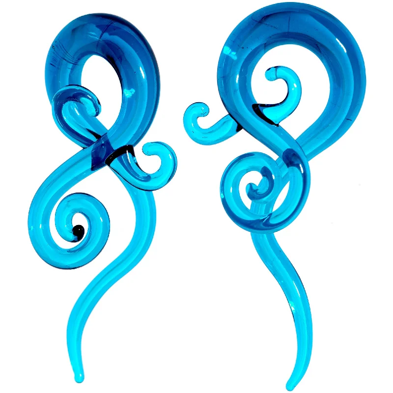 Women's Earrings – Elegant Designs for Every Personality--Blue Glass Translucent Swirl Twirl Spiral Taper Set 6mm to 12mm