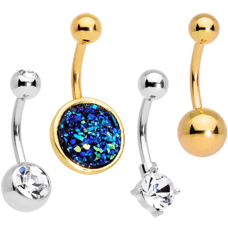 Beautiful Belly Rings with Precious Stones -Clear Gem Blue Faux Druzy Gold Tone Belly Ring Set of 4 Beautiful Belly Rings with Precious Stones -Clear Gem Blue Faux Druzy Gold Tone Belly Ring Set of 4