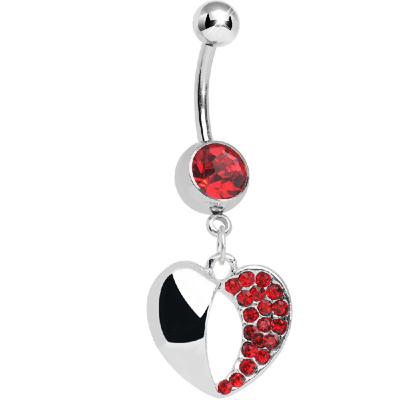 Designer Belly Rings with Unique Features -Red Gem Paved Reflective Heart Dangle Belly Ring Designer Belly Rings with Unique Features -Red Gem Paved Reflective Heart Dangle Belly Ring