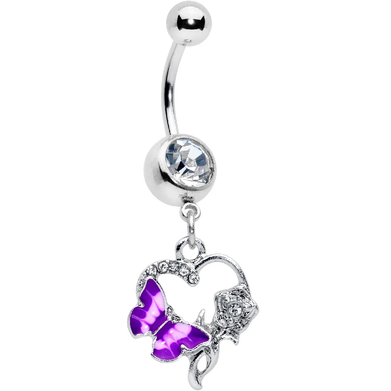 Belly Rings with Modern and Chic Styles -Clear Gem Butterfly Rose Flower Purple Dangle Belly Ring Belly Rings with Modern and Chic Styles -Clear Gem Butterfly Rose Flower Purple Dangle Belly Ring