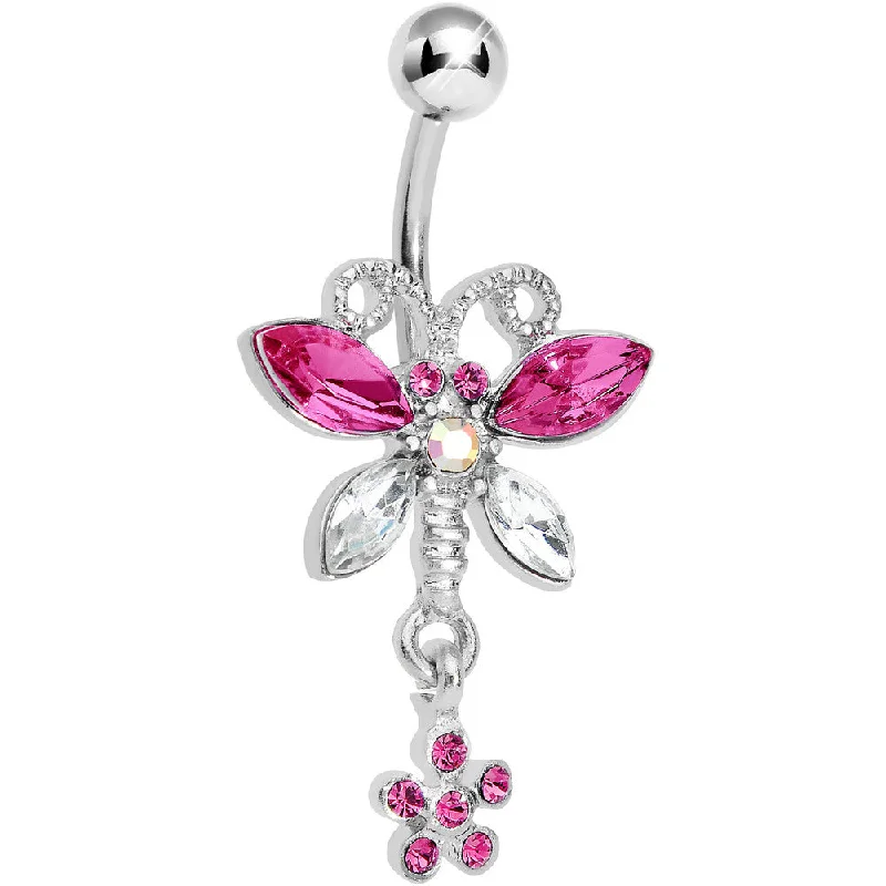 Comfortable Belly Rings for Unique Look -Pink Crystalline Gem Dazzling Dragonfly Flower Dangle Belly Ring Comfortable Belly Rings for Unique Look -Pink Crystalline Gem Dazzling Dragonfly Flower Dangle Belly Ring