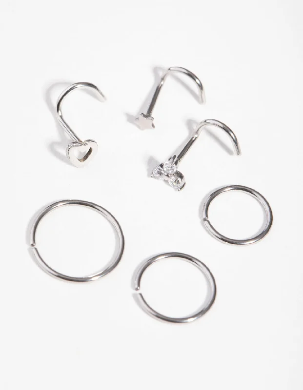 Designer Nose Rings for Elegant Women -Surgical Steel Diamante Motif Nose Piercings 6-Pack Designer Nose Rings for Elegant Women -Surgical Steel Diamante Motif Nose Piercings 6-Pack