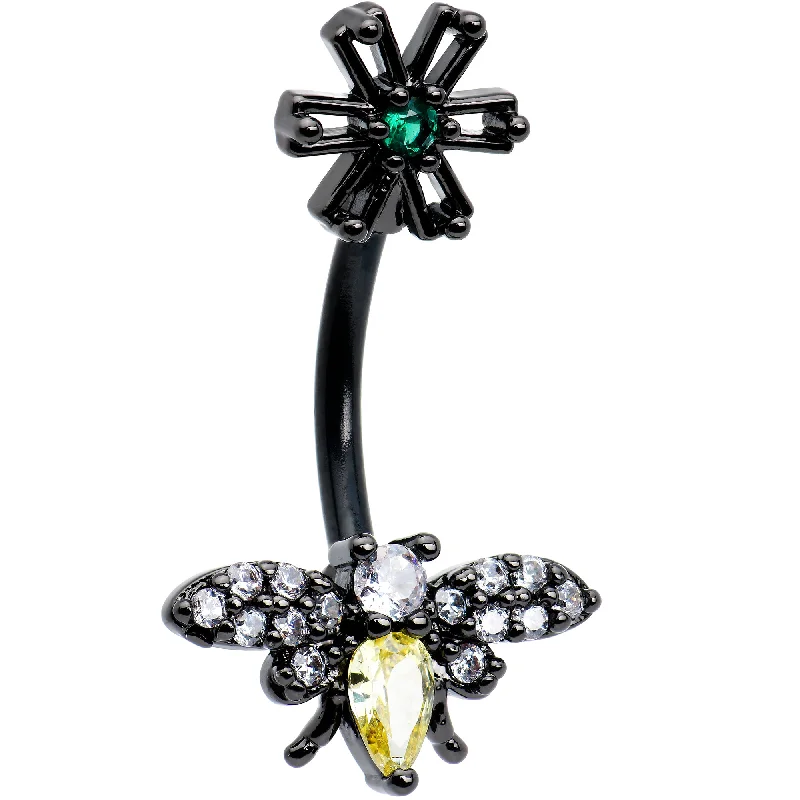Elegant Belly Rings with Glittering Gems -Yellow Clear Green Gem Black Butterfly Flower Double Mount Belly Ring Elegant Belly Rings with Glittering Gems -Yellow Clear Green Gem Black Butterfly Flower Double Mount Belly Ring