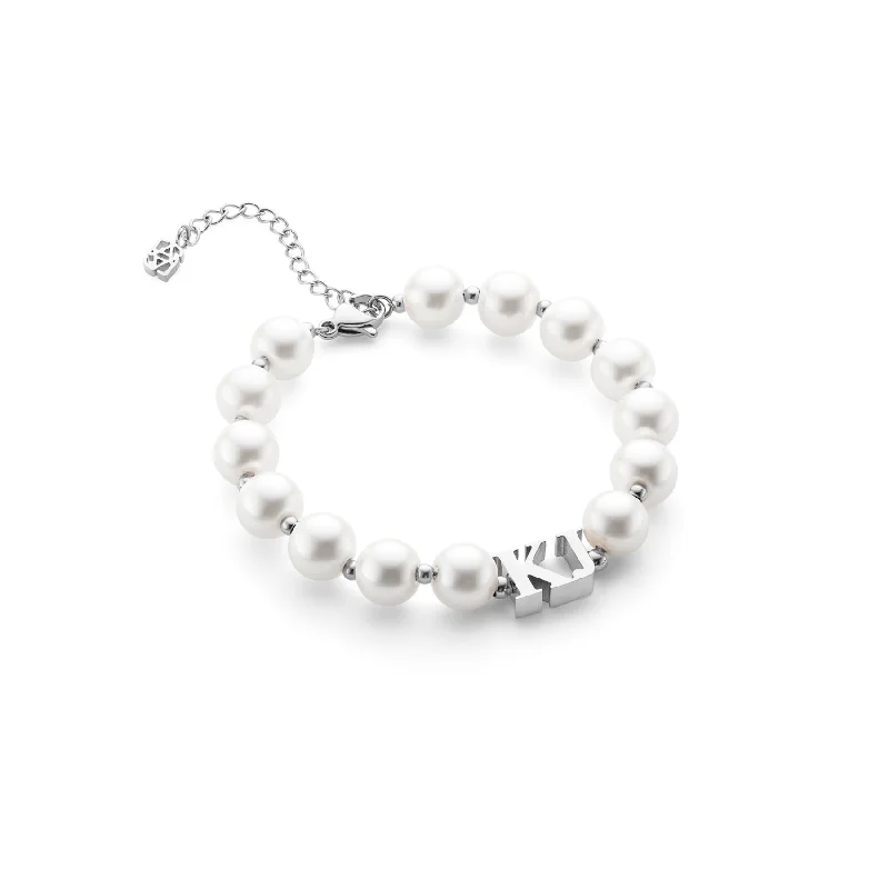 Round Bangles for Women-Lunar Pearl Initial Bracelet (Silver)