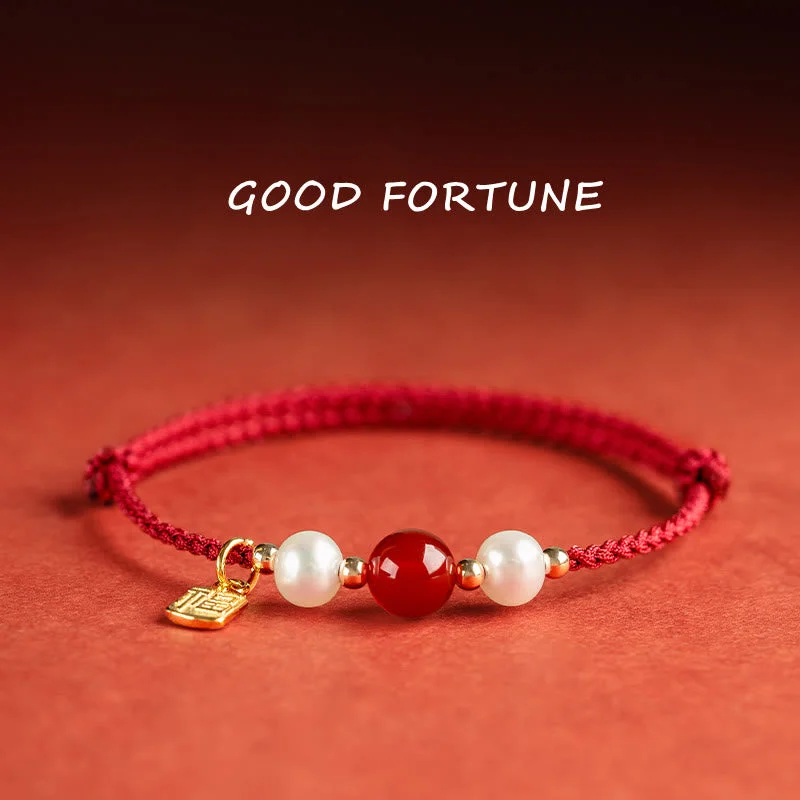 Men's Braided Leather Bracelets-Buddha Stones 925 Sterling Silver Good Fortune Fu Character Agate Pearl Red String Braid Bracelet Men's Braided Leather Bracelets-Buddha Stones 925 Sterling Silver Good Fortune Fu Character Agate Pearl Red String Braid Bracelet