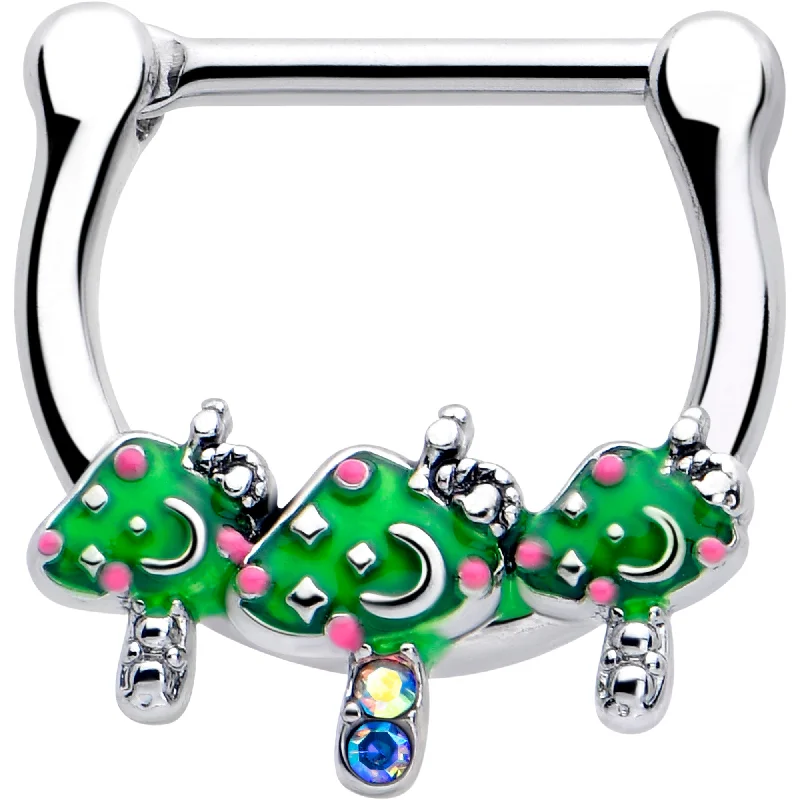 Nose Rings for Party Look -16 Gauge 5/16 Aurora Gem Fanciful Green Mushroom Trio Cartilage Clicker