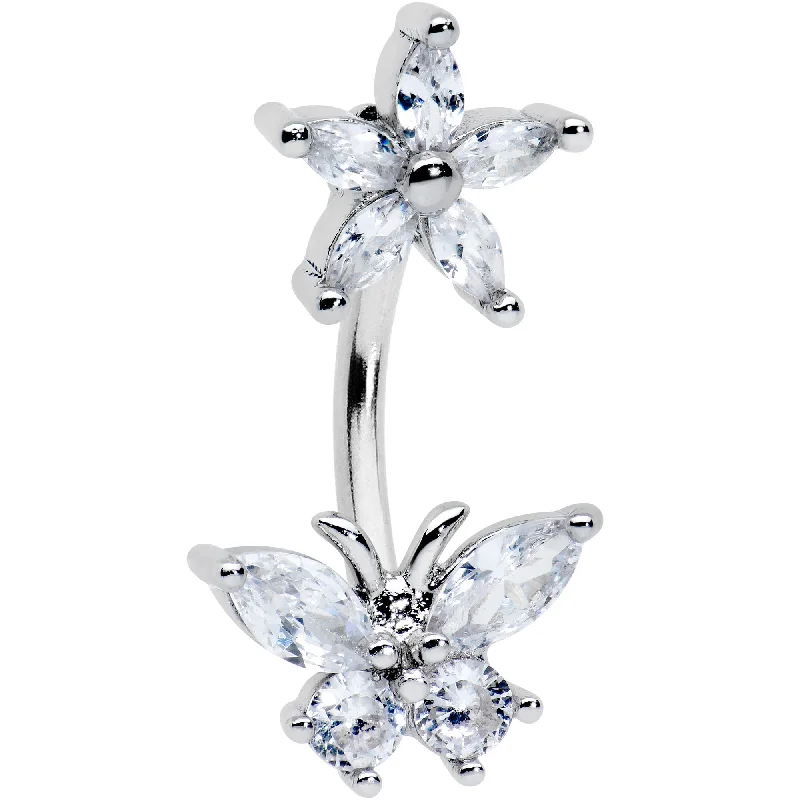 Designer Belly Rings for Unique Style -Clear CZ Gem Flower Butterfly Double Mount Belly Ring Designer Belly Rings for Unique Style -Clear CZ Gem Flower Butterfly Double Mount Belly Ring