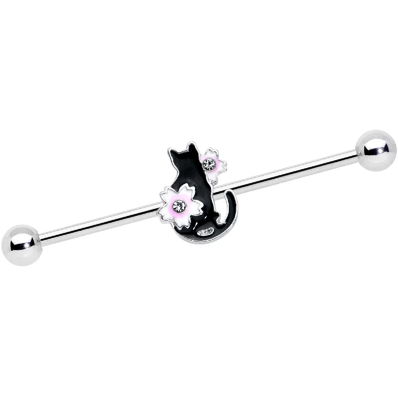 Women's Earrings – Elegant Designs for Every Personality--14 Gauge Pink Gem Black Cat White Flower Industrial Barbell 38mm