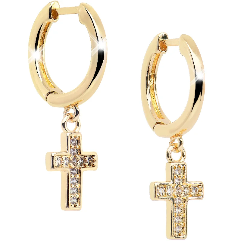 Women's Earrings – Elegant Designs for Every Personality--Gold Tone Stainless Steel Hinged Huggie Hoop Cross Dangle Earrings