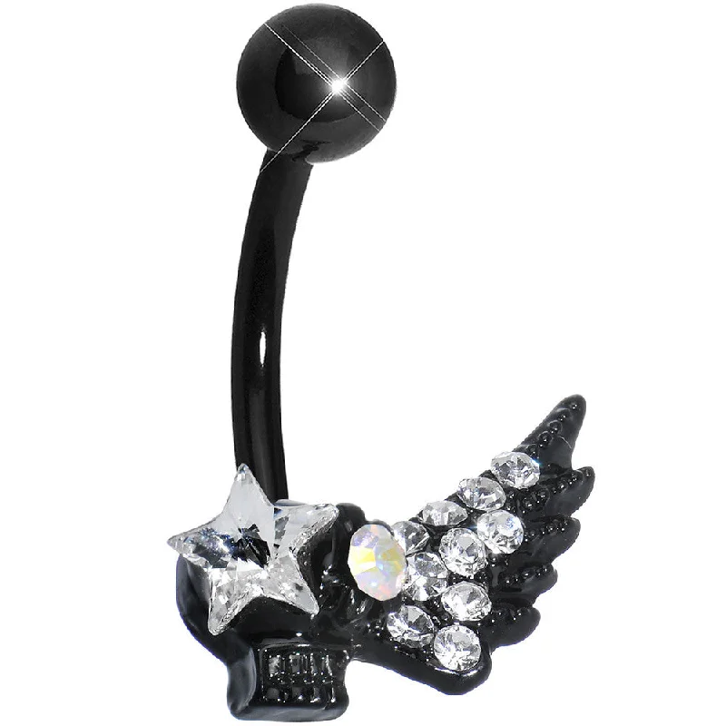 Elegant Belly Rings for Chic Fashionistas -Clear Gem Rock Star Shimmering Wing Black Skull Belly Ring Elegant Belly Rings for Chic Fashionistas -Clear Gem Rock Star Shimmering Wing Black Skull Belly Ring