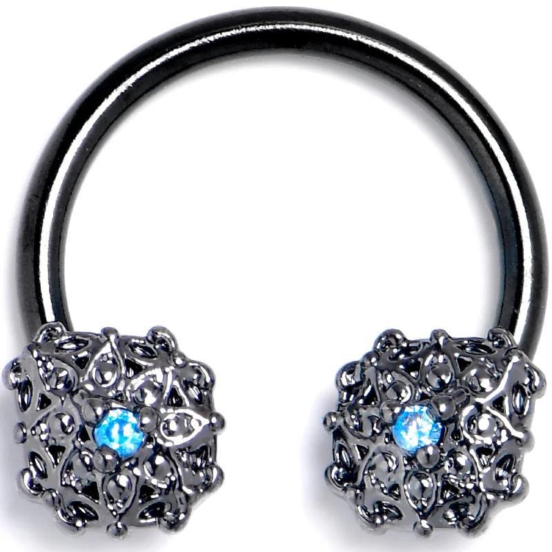 Women's Earrings – Elegant Designs for Every Personality--16 Gauge 3/8 Blue Gem Black Blossom Bloom Horseshoe Circular Barbell