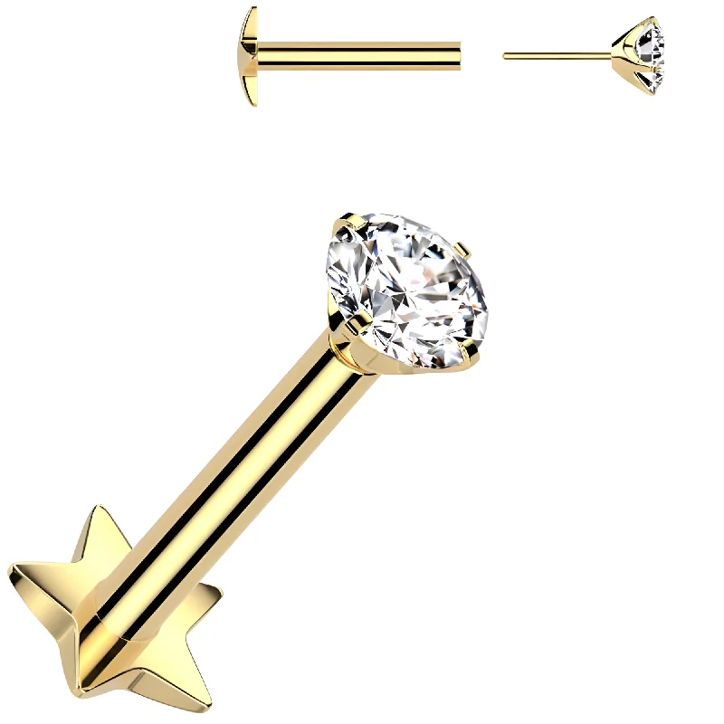 Women's Earrings – Elegant Designs for Every Personality--Gold Medical Grade Titanium Flat Back Earring 18 Gauge 3mm CZ Reversible Star