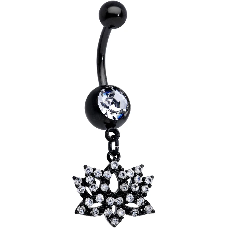 Bold Belly Rings for Statement Fashion -Clear CZ Gem Black Lotus Flower Dangle Belly Ring