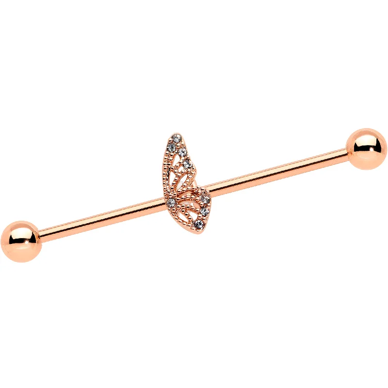 Women's Earrings – Elegant Designs for Every Personality--14 Gauge Clear Gem Rose Gold Tone Texture Wing Industrial Barbell 38mm