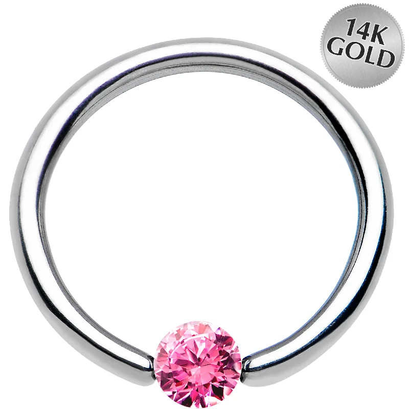 Gold-Plated Lip Rings16 Gauge 3/8 Solid 14k White Gold 3mm Pink Cubic Zirconia Tension Captive Ring