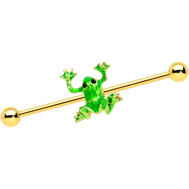 Women's Earrings – Elegant Designs for Every Personality--14 Gauge Gold Tone Green Tree Frog Industrial Barbell 38mm