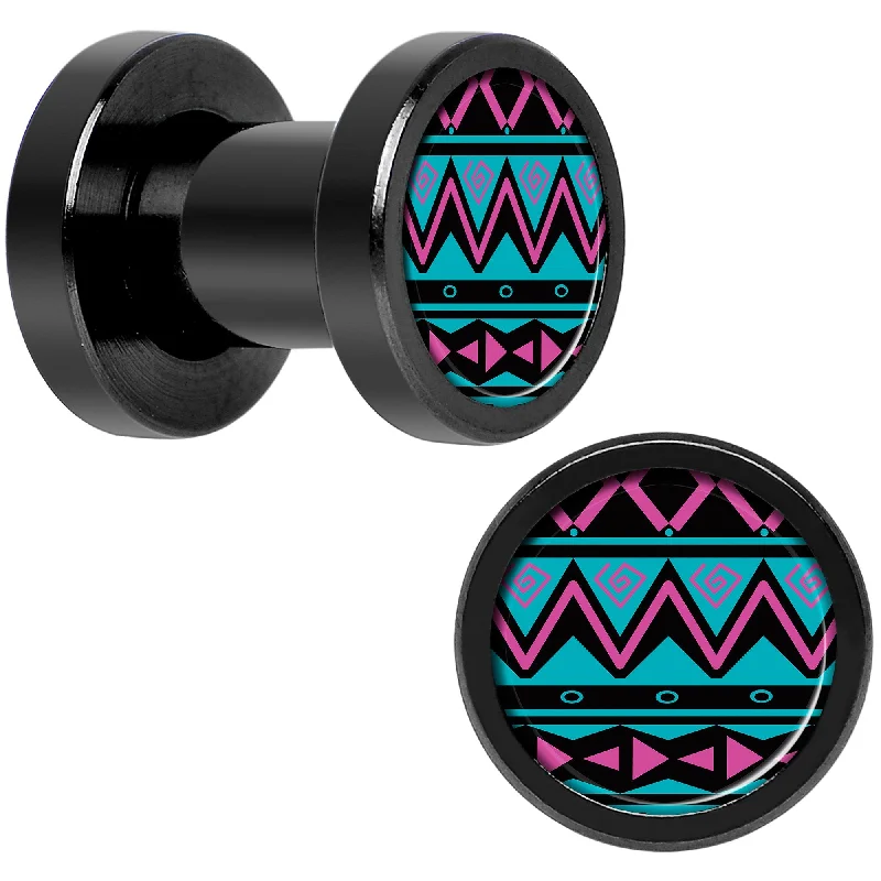 Women's Earrings – Elegant Designs for Every Personality--Pink Teal Tribal Print Black Anodized Screw Fit Plug Set 4 Gauge Women's Earrings – Elegant Designs for Every Personality--Pink Teal Tribal Print Black Anodized Screw Fit Plug Set 4 Gauge
