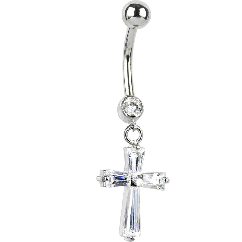 Designer Belly Rings with Sleek Finish -16 Gauge Solid 14kt White Gold Cubic Zirconia Cross Dangle Belly Ring Designer Belly Rings with Sleek Finish -16 Gauge Solid 14kt White Gold Cubic Zirconia Cross Dangle Belly Ring