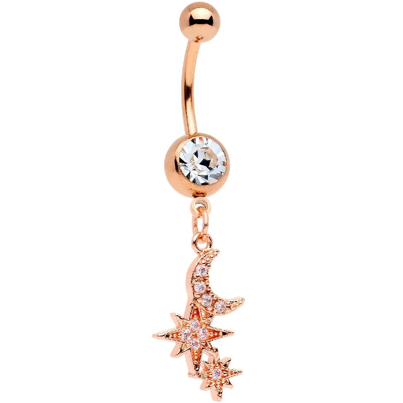 Trendy Belly Rings with Unique Features -Clear CZ Gem Rose Gold Tone Moon Stars Dangle Belly Ring Trendy Belly Rings with Unique Features -Clear CZ Gem Rose Gold Tone Moon Stars Dangle Belly Ring