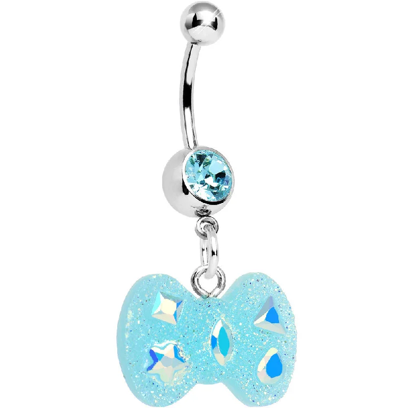 Stunning Belly Rings with Gorgeous Shine -Crystalline Gem Aqua Glitter Bow Dangle Belly Ring