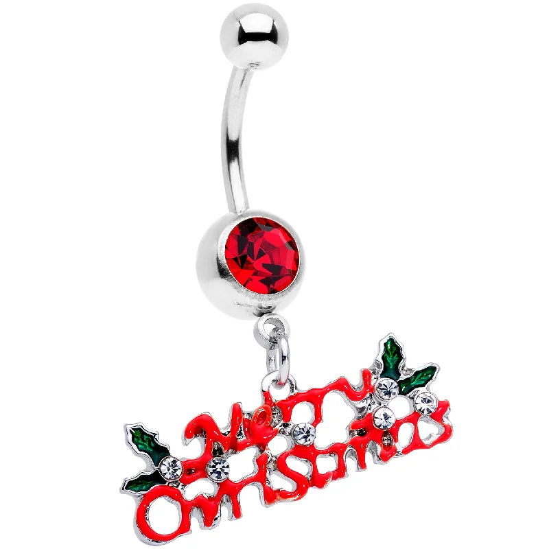 Belly Rings for Everyday Wear -Red Gem Merry Christmas Dangle Belly Ring