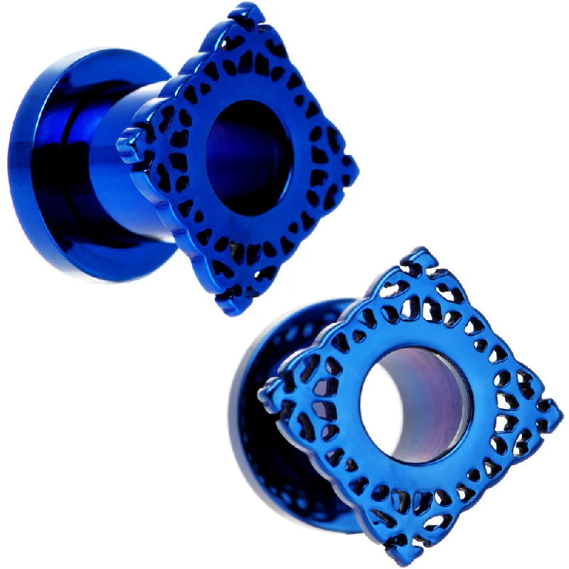 Women's Earrings – Elegant Designs for Every Personality--0 Gauge Blue PVD Filigree Frame Screw Fit Tunnel Plug Set Women's Earrings – Elegant Designs for Every Personality--0 Gauge Blue PVD Filigree Frame Screw Fit Tunnel Plug Set