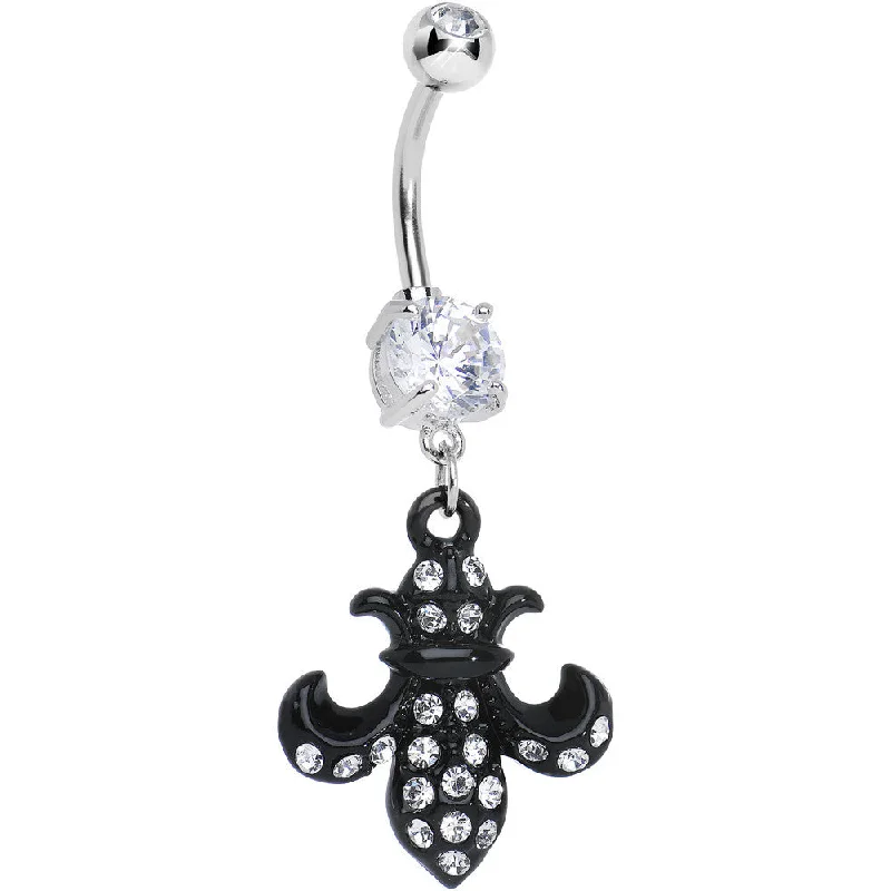 Comfortable Belly Rings for All-Day Wear -Crystalline Gem Jet Black Flipped Fleur de Lis Dangle Belly Ring Comfortable Belly Rings for All-Day Wear -Crystalline Gem Jet Black Flipped Fleur de Lis Dangle Belly Ring