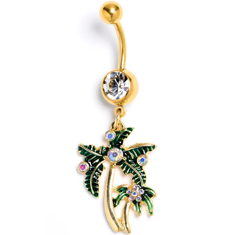 Designer Belly Rings for Exclusive Looks -Clear Aurora Gem Gold Tone Palm Tree Glam Dangle Belly Ring Designer Belly Rings for Exclusive Looks -Clear Aurora Gem Gold Tone Palm Tree Glam Dangle Belly Ring